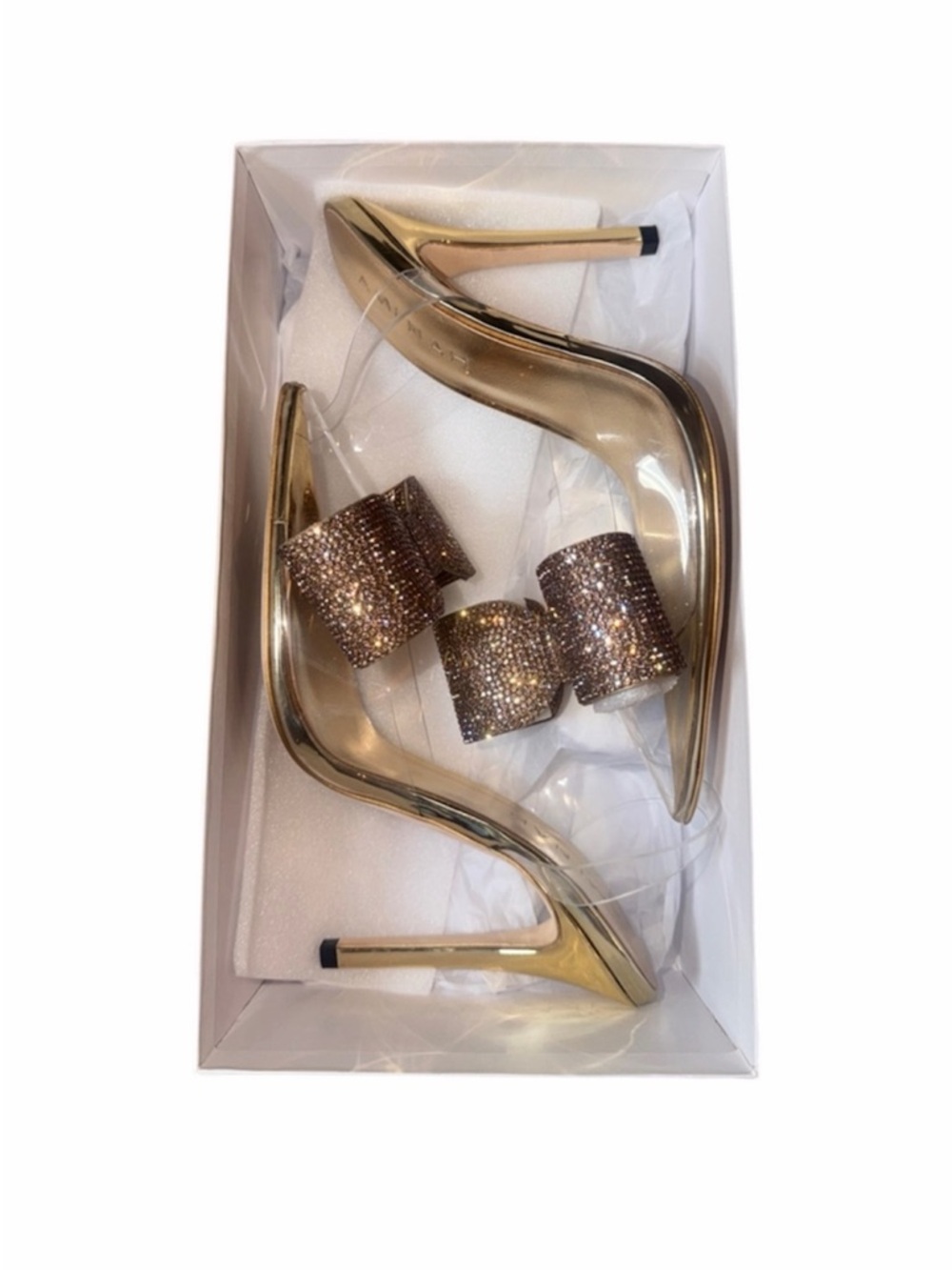 New Aminah Abdul Jillil ALORA TUXEDO
CLEAR + GOLD CRYSTAL BOW 4" Heels Size 8 - Picture 10 of 12